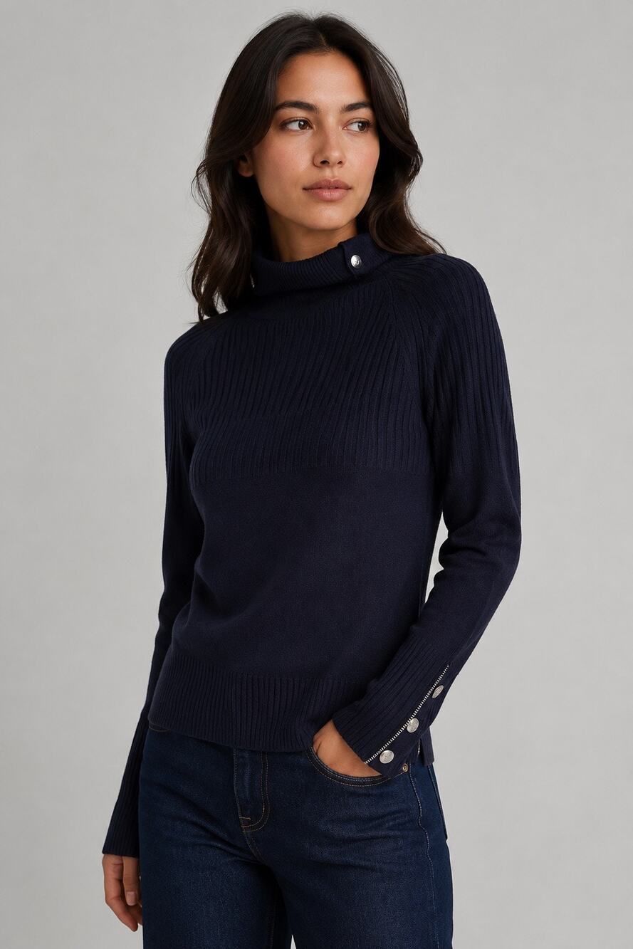 Pedro Del Hierro Navy Ribbed Turtleneck Sweater Zip Cuff Button Detail Size L